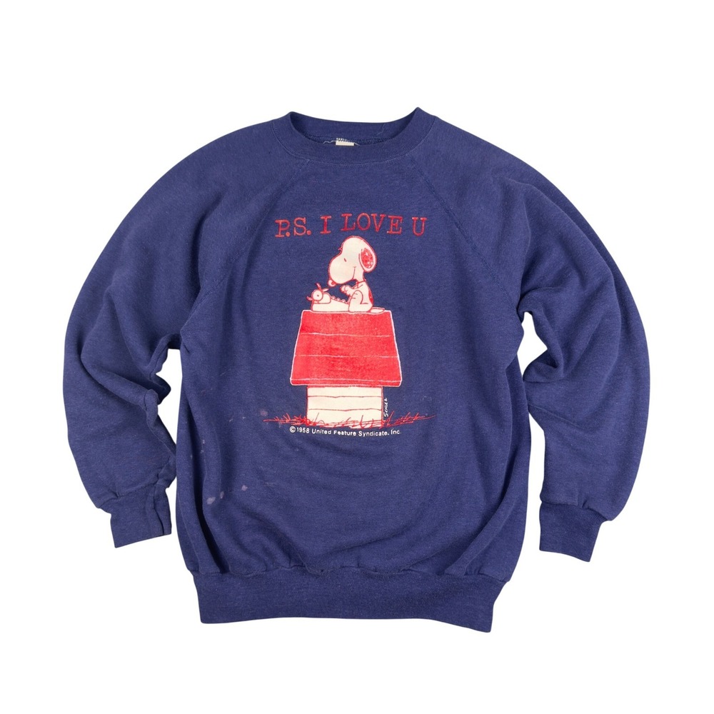Rare‎ Vtg 60s 70s Snoopy P.S. I Love U Raglan Sweatshirt Men's L/XL Navy USA